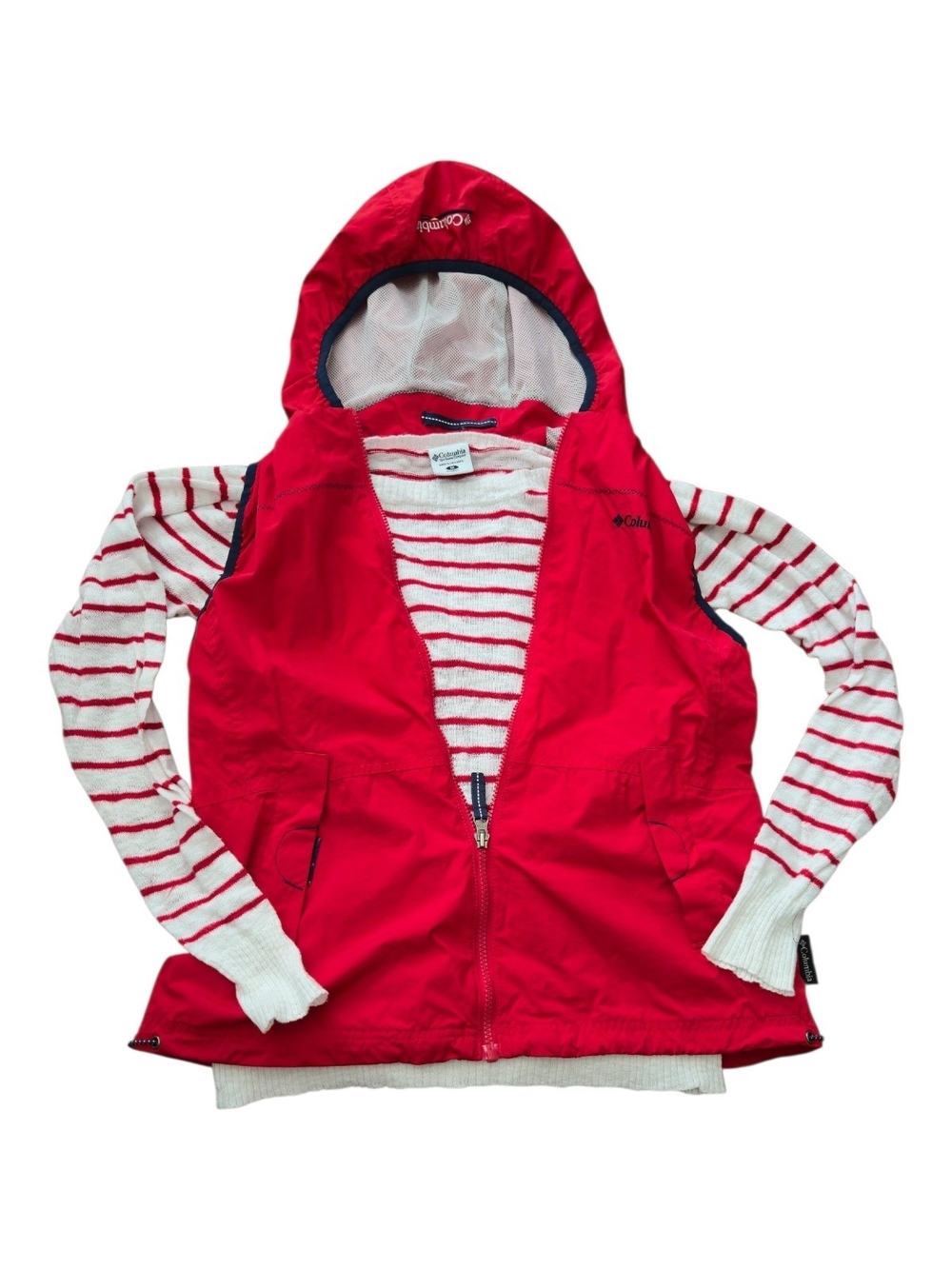 Columbia Women's Red Hooded Vest with White and Red Striped Knit Sleeves- Medium